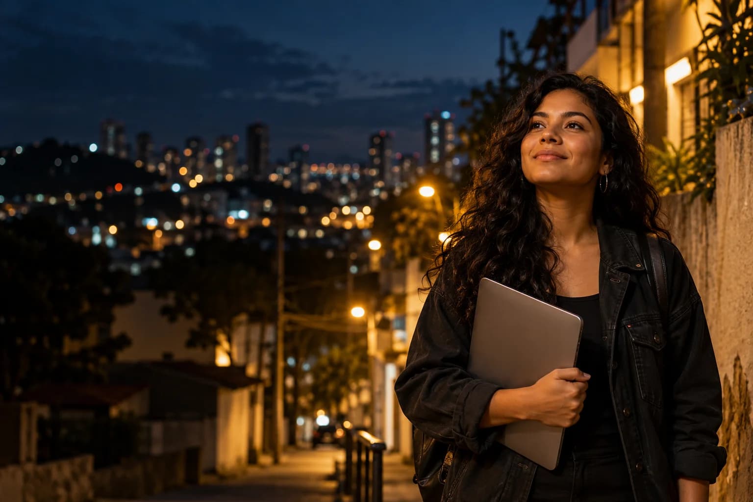 Imagem ilustrativa de uma jovem adulta com um computador, em uma rua ao entardecer